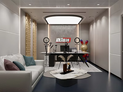 Modern Elegant Public Office Space With Sofa Round Coffee Table Work Desk And Lighting Fixture 3d model