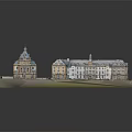 Classical European Architecture Model With Enclosed Courtyard Stone Facade And Towered Roofs