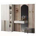 Modern Decorative Cabinet With Arched Mirror Vertical Striped Wall And Decorative Items 3d model