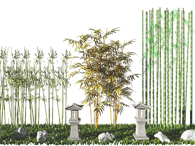 Garden Decor With Various Bamboos Stone Lanterns Lush Grass And Stones 3d model