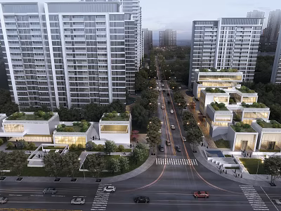 Modern Sales Office Building in Urban Setting with High Rise Residences Road Vehicles and Greenery 3d model