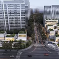 Modern Sales Office Building in Urban Setting with High Rise Residences Road Vehicles and Greenery