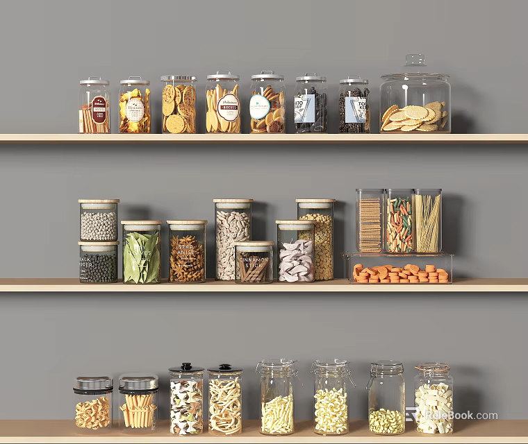 Glass jars with various foods on wooden shelves against gray background 3d model 