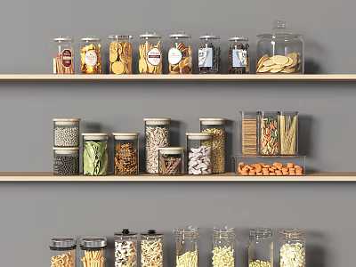 Glass jars with various foods on wooden shelves against gray background 3d model