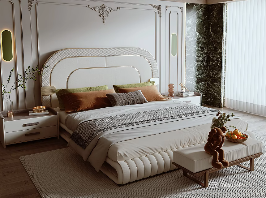 Elegant Modern Double Bed With White Headboard Colorful Pillows And Footstool In Bedroom 3d model 