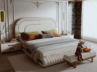 Elegant Modern Double Bed With White Headboard Colorful Pillows And Footstool In Bedroom 3d model