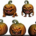 Set Of Spooky Halloween Pumpkins With Angry Faces Curly Vines And Sharp Teeth