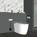 Modern White Smart Toilet In Bathroom With Gray Wall Wooden Floor And Toilet Accessories