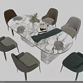 Elegant Modern Oval Marble Dining Table Set With Various Colored Chairs Green Plant And Tableware 3d model