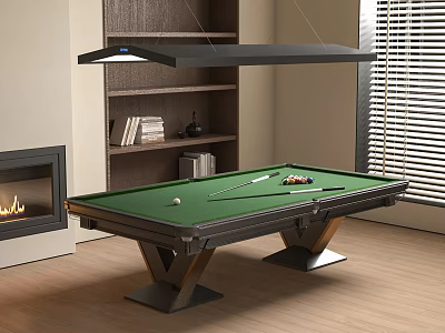 Stylish Entertainment Table with Green Felt Surface Billiard Balls and Cues Near Fireplace and Bookshelf 3d model