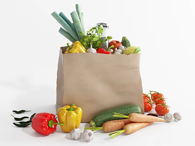 Fresh Vegetables in Paper Bag with Bell Peppers Carrots Zucchini and Garlic 3d model