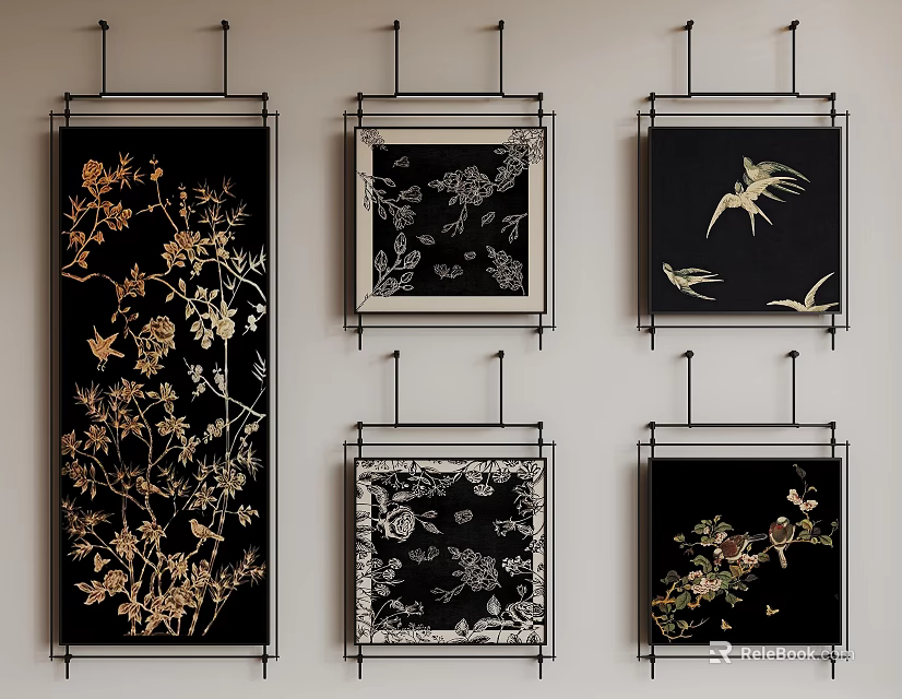 Hanging Plant Paintings With Various Frames Black Backgrounds And Gold White Floral Details 3d model 