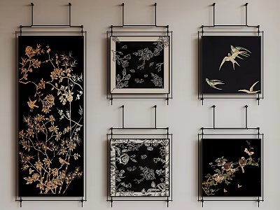 Hanging Plant Paintings With Various Frames Black Backgrounds And Gold White Floral Details 3d model