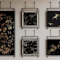 Hanging Plant Paintings With Various Frames Black Backgrounds And Gold White Floral Details