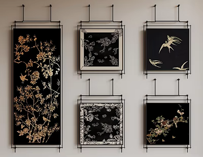 Hanging Plant Paintings With Various Frames Black Backgrounds And Gold White Floral Details 3d model
