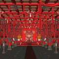 Traditional Chinese Palace Hall Interior With Red Columns Hanging Lanterns And Red Carpet