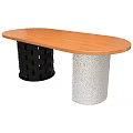 Oval Wooden Top Dining Table With Black Woven Base And Silver Metal Support