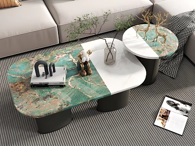 Modern Coffee Tables With Green And White Marble Top And Black Cylindrical Base 3d model
