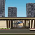 Modern Entrance Gate Design With High Rise Buildings Spherical Sculpture Green Plants And Stone Wall