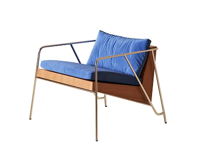 Modern Leisure Chair With Blue Cushion Metal Frame And Wooden Seat 3d model