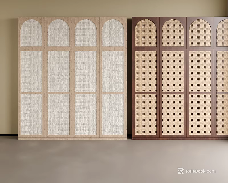 Two Wooden Wardrobes With Light Colored Arched Panels Vertical Stripes And Dark Colored Grid Patterns 3d model 