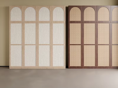 Two Wooden Wardrobes With Light Colored Arched Panels Vertical Stripes And Dark Colored Grid Patterns 3d model