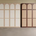 Two Wooden Wardrobes With Light Colored Arched Panels Vertical Stripes And Dark Colored Grid Patterns
