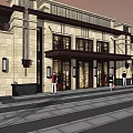 Modern Commercial Street With Shops Pedestrians Stone Pavement And Flower Beds
