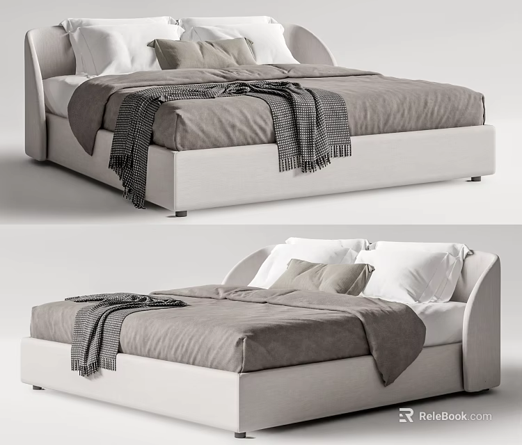 Modern Double Bed With Gray Bed Sheets White Pillows And Soft Blanket 3d model 
