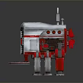 Red And White Mechanical Robot Structure With Tracked Wheels And Top Exhaust Pipe