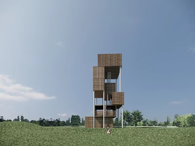 Modern Observation Deck With Stacked Brown Cubes White Support Columns Green Grassland And Blue Sky 3d model