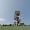 Modern Observation Deck With Stacked Brown Cubes White Support Columns Green Grassland And Blue Sky