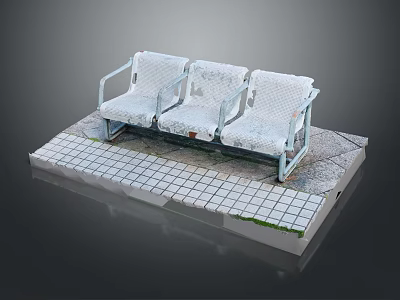 White Three Seat Bench With Metal Frame On Tile Platform With Moss Edge 3d model