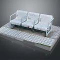 White Three Seat Bench With Metal Frame On Tile Platform With Moss Edge