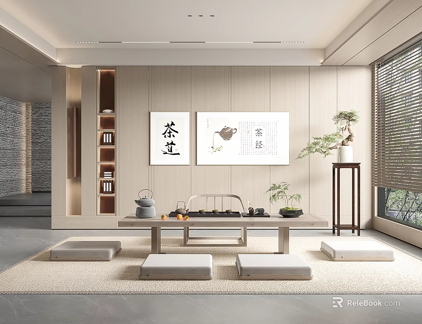 Traditional Tea Room Interior With Tea Table Sets Floor Cushions And Decorative Paintings 3d model 