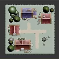 Cartoon Village Scene With Colorful Houses Red Purple Roofs Green Trees And Pathway