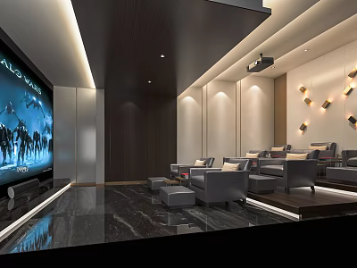 Modern Home Theater Interior With Large Screen TV Projector Comfortable Gray Sofas And Wall Lighting 3d model