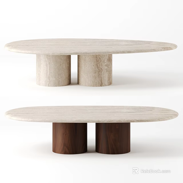 Modern Dining Table With Marble Top And Cylindrical Light Walnut Legs 3d model 