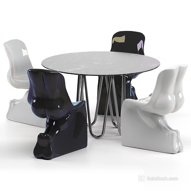 Modern Round Dining Table Set With Marble Tabletop Metal Legs And Curved Black White Chairs 3d model 