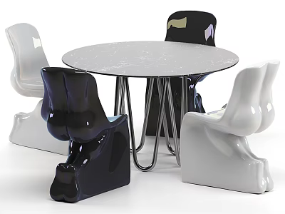Modern Round Dining Table Set With Marble Tabletop Metal Legs And Curved Black White Chairs 3d model