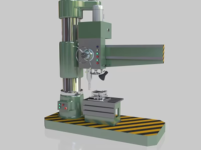 Industrial Radial Drilling Machine Featuring Vertical Column Radial Arm Control Panel And Striped Worktable Base 3d model