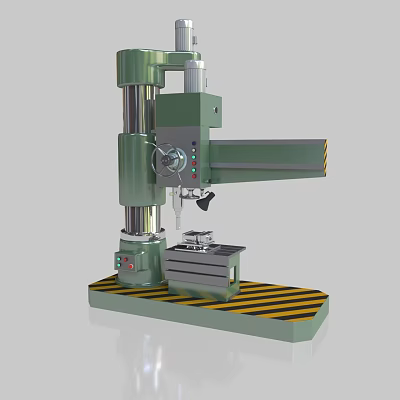 Industrial Radial Drilling Machine Featuring Vertical Column Radial Arm Control Panel And Striped Worktable Base 3d model