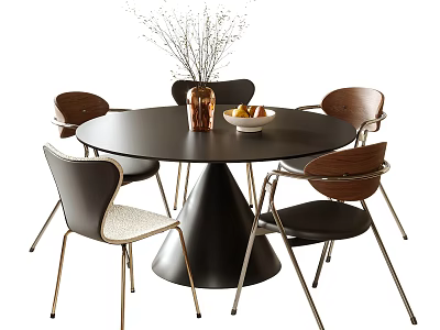 Modern Round Black Dining Table With Wooden Back Metal Chairs Decorative Vase And Fruit Bowl 3d model