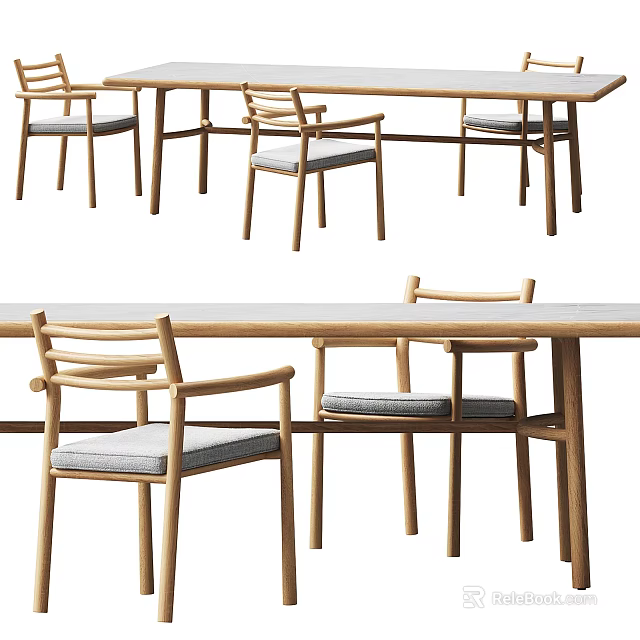 Modern Rectangular Wooden Dining Table Set With Armrest Chairs And Upholstered Seats 3d model
