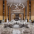 Contemporary Hotel Lobby Interior With Artistic Chandeliers Wooden Walls And Seating Areas