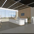 Modern Reception Area With Wooden Slat Ceiling Large Windows City View White Desk And Kiosks