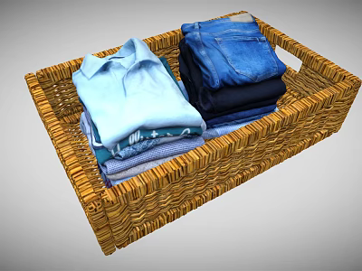 Wicker Home Organization Basket With Neatly Folded Shirts Jeans And Clothes 3d model