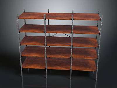 Wooden Shelving Unit With Metal Frames And Multiple Storage Tiers For Organizing 3d model