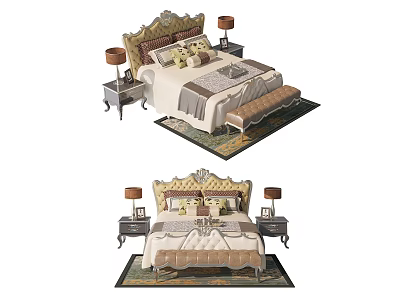 Luxurious Double Bed with Ornate Headboard Nightstands Lamps Footstool and Rug 3d model