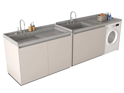 Functional Laundry And Kitchen Sink Area With Double Sinks Faucets Cabinets And Dryer 3d model